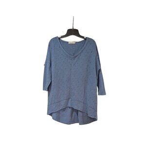 Mododoc Blue V-neck 3/4 Sleeve Lagenlook Blouse Sz M